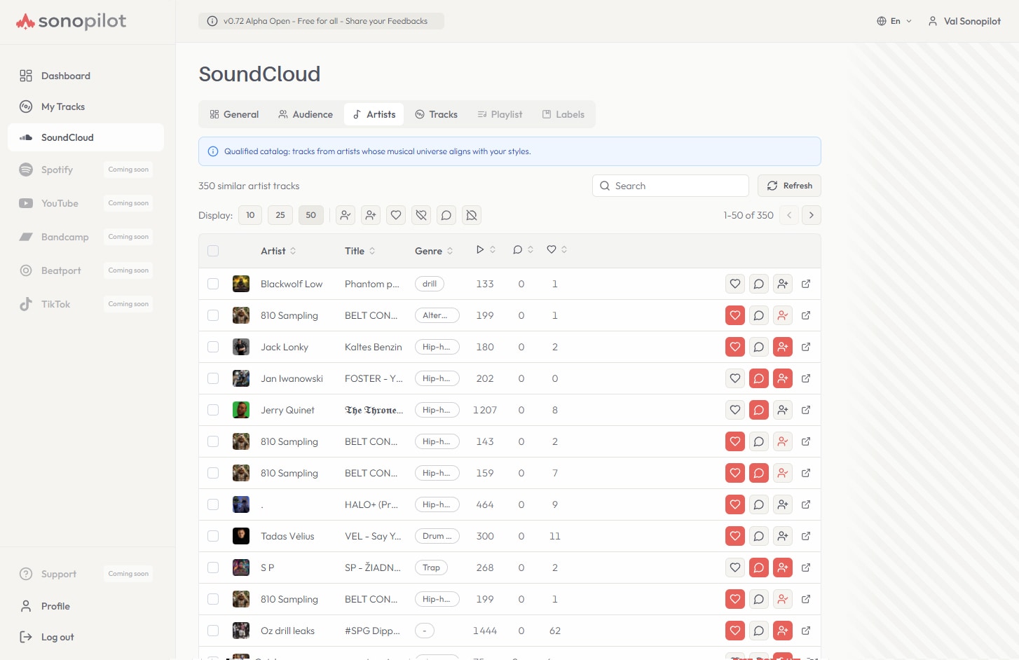 Sonopilot — artistes similaires détectés avec actions like, comment, follow