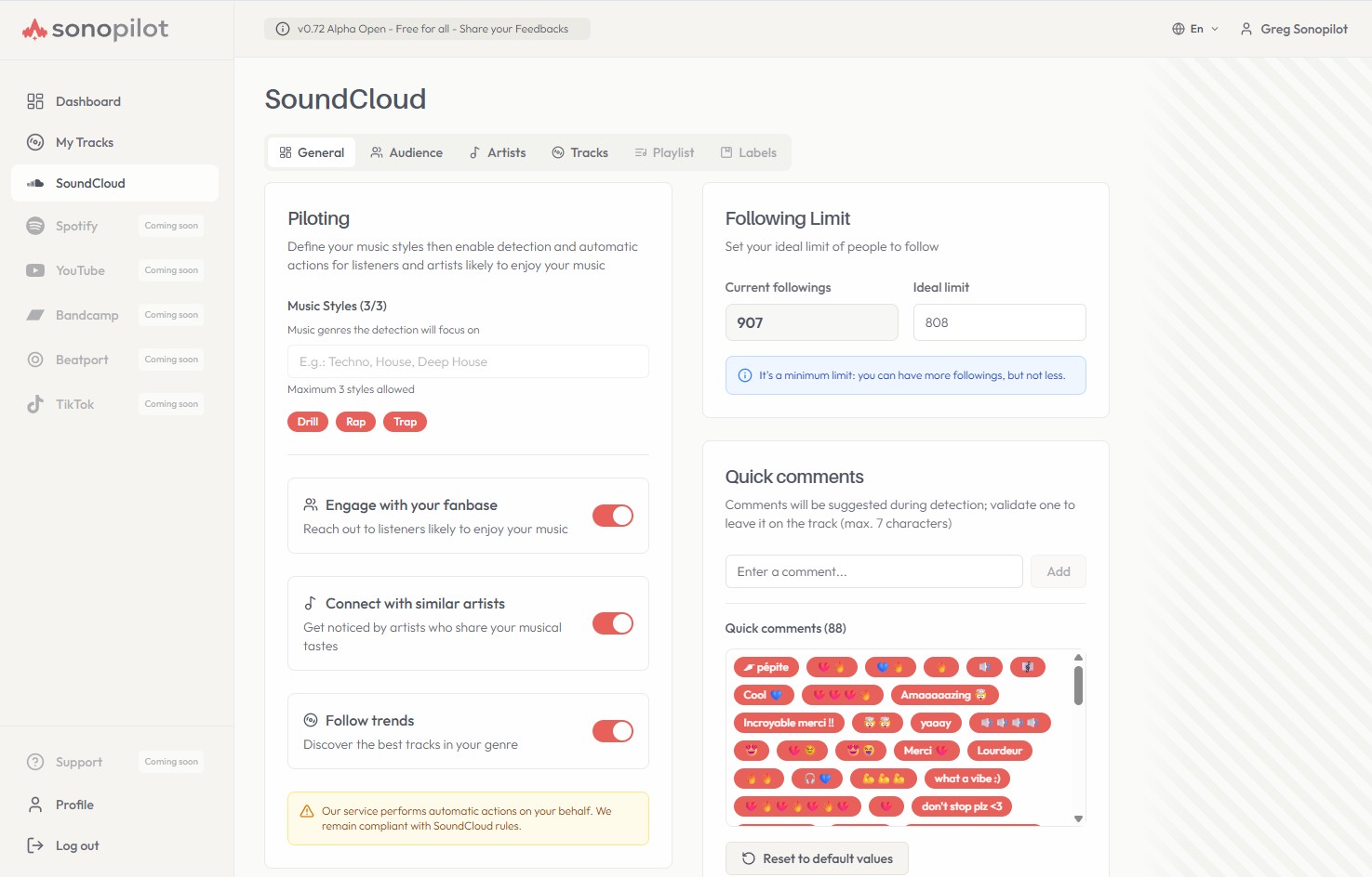 Tableau de bord Sonopilot — modes de pilotage, files d'actions et commentaires rapides SoundCloud