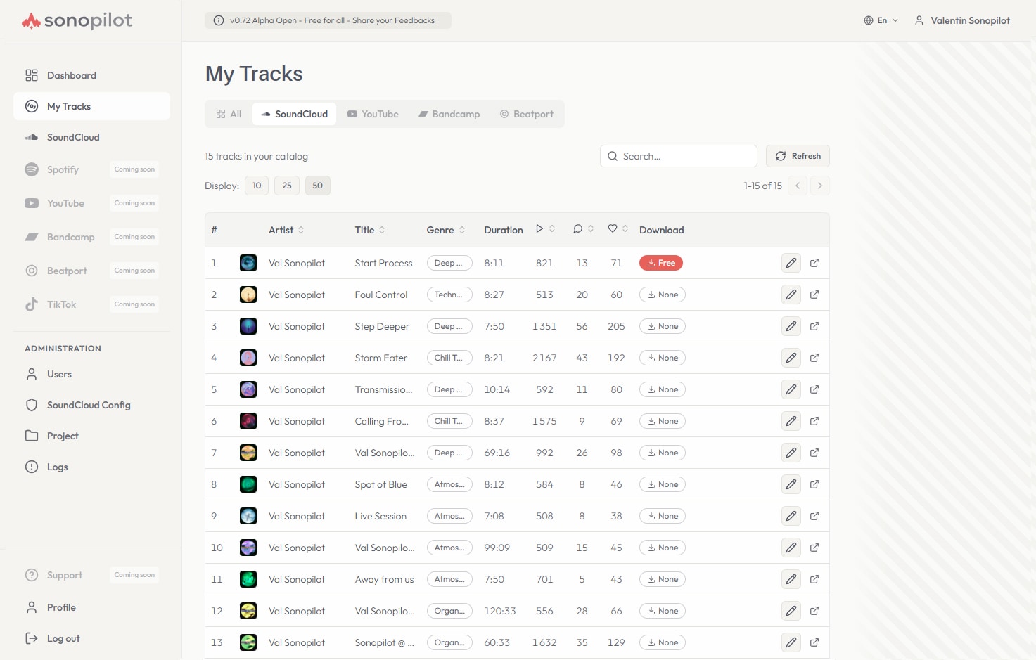 Page Mes Titres — catalogue SoundCloud avec plays, likes, commentaires